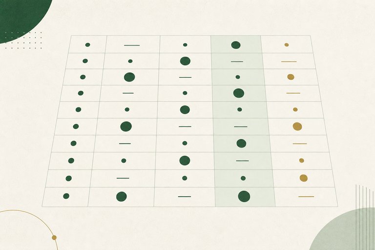 Illustration: a ten-row comparison grid of dots and dashes in green and brass, with one column highlighted in a lighter green