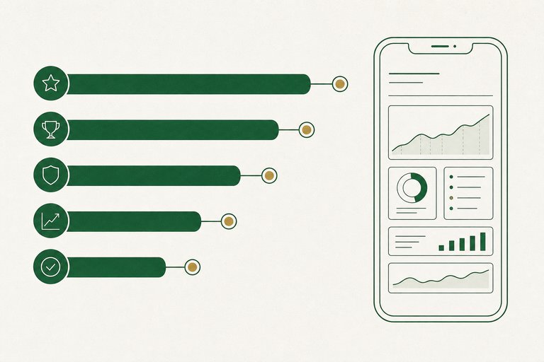 Illustration: five horizontal ranking bars of decreasing length, each with a small icon, beside a smartphone outline showing simple charts